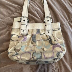 Coach Beige Canvas Shoulder Bag with Multicolor Signature 'C' Print